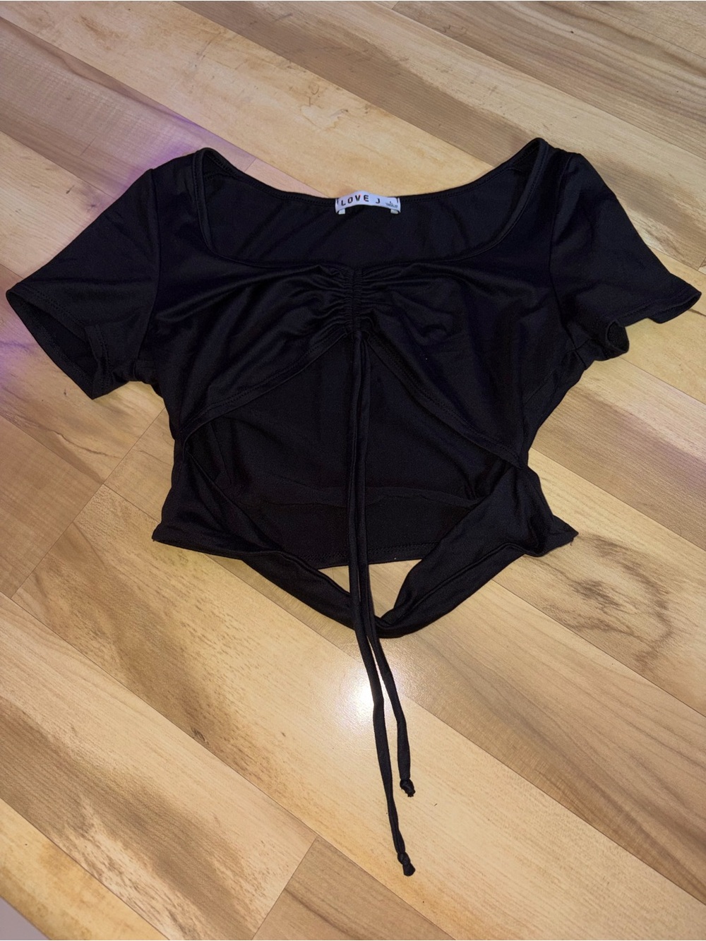 love J Black Short Sleeve Ruched Tie Crop Top